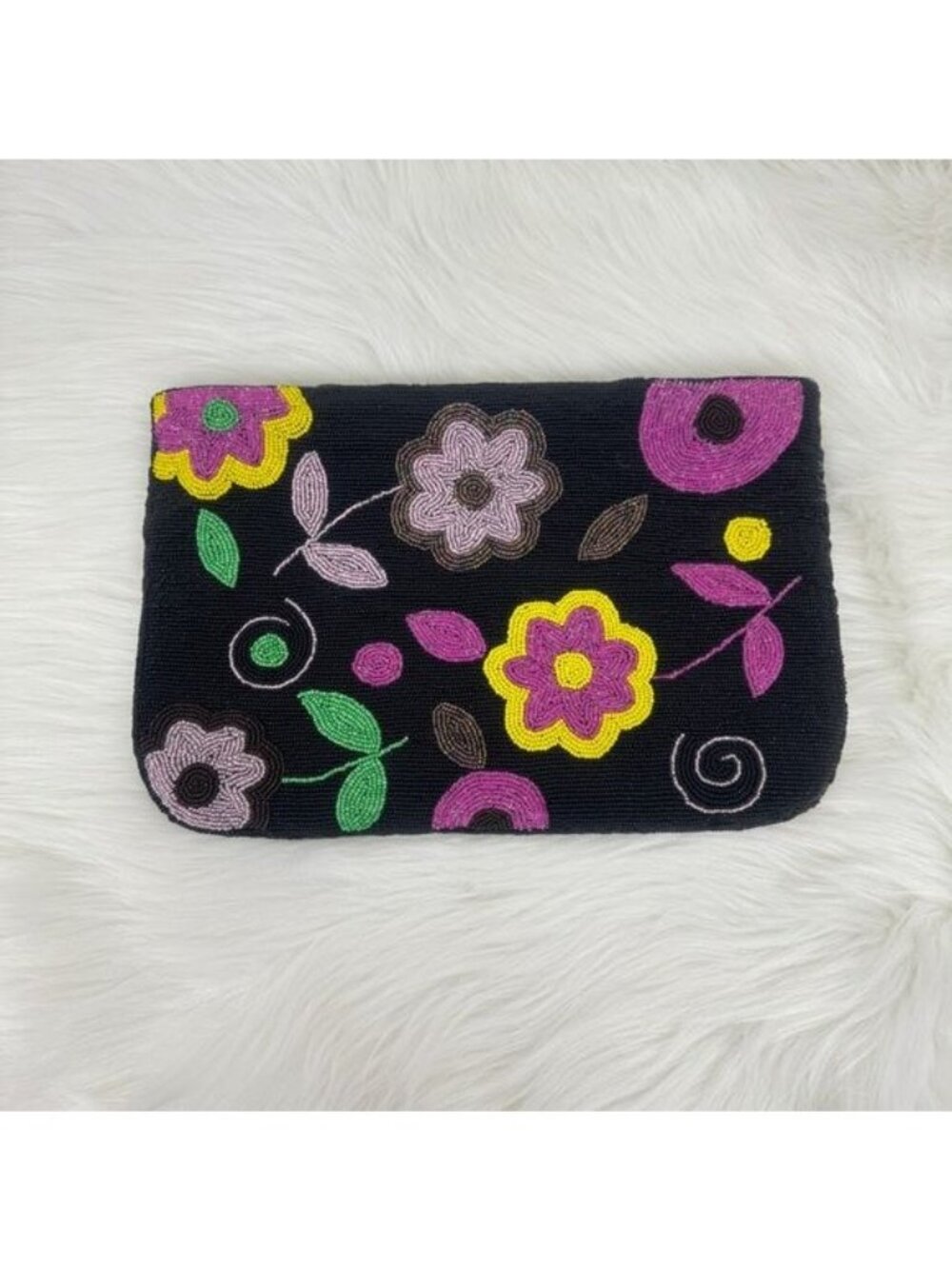 Women's Vintage 90's Y2K Beaded Flower Purse Clutch Bag Black 13"x9"